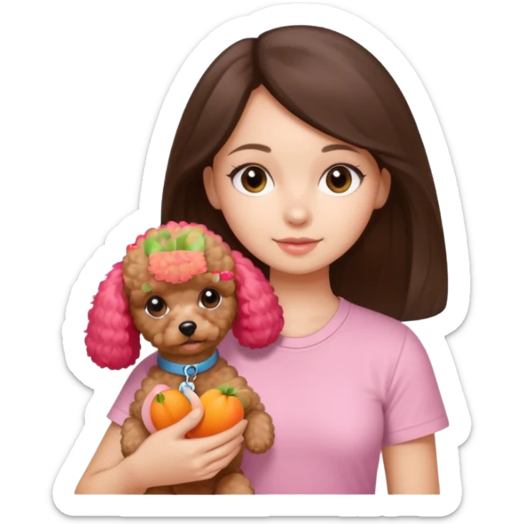 Long straight brunette girl with baby pink shirt holding a apricot toy poodle sticker