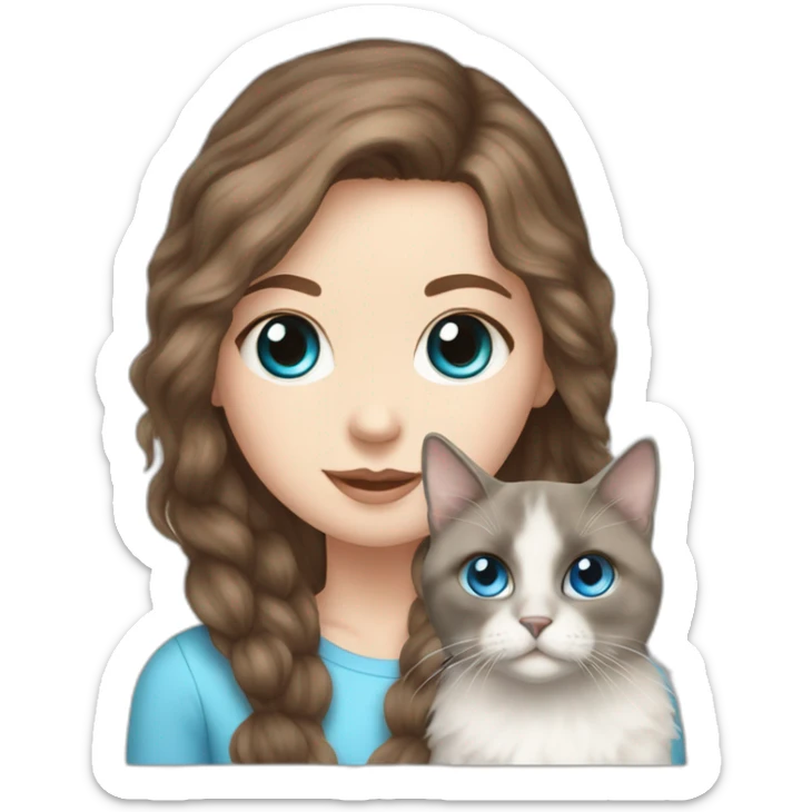 white girl brown hair girl with blue eyes with seal fluffy ragdoll cat  sticker