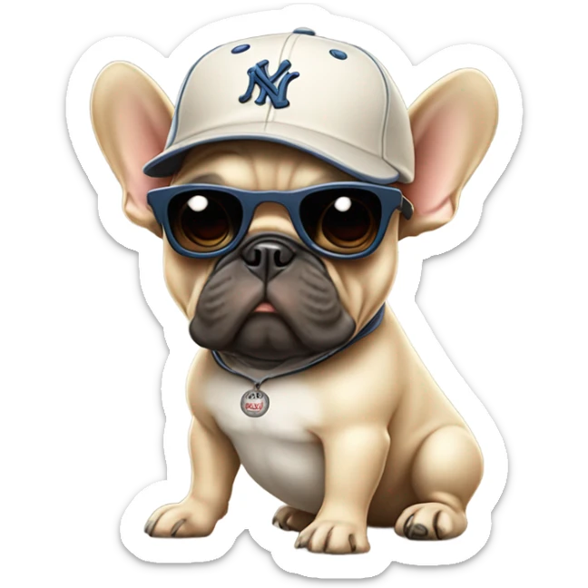 A beige French bulldog with a baseball bat and a baseball cap on with dark sunglasses sticker