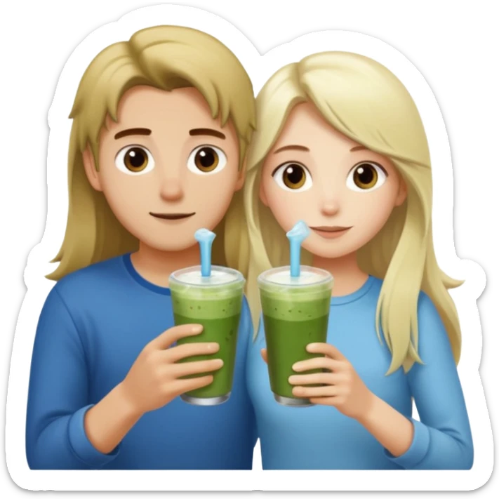 light blonde with long hair luxury girl and brown hair boy drinking ice matcha latte together sticker