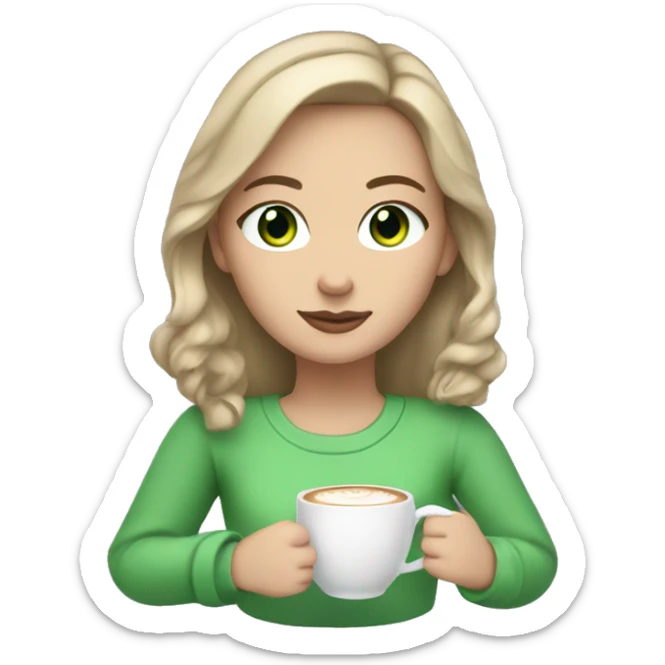 A white girl with dark blonde hair, green eyes, and is wearing a lilac sweater sipping a latte sticker