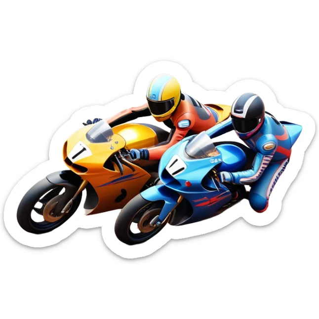 A sleek racing car and motorcycle speeding on a track, leaving a trail of dust behind. The scene captures the thrill of high-speed competition, with blurred motion and vibrant colors, highlighting the dynamic energy of motorsport. sticker