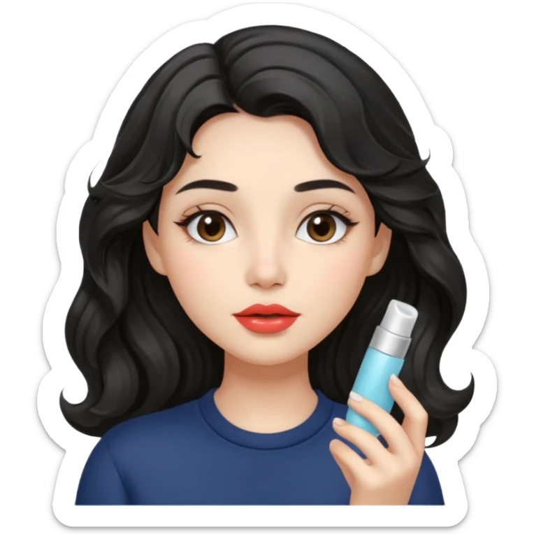 “Girl with light-black wavy hair, soft and flowing. She holds a asthetic lip balm just near her lips, about to apply it. The lip balm gives her lips a subtle glossy shine, making them look smooth, hydrated, and naturally prettyy sticker