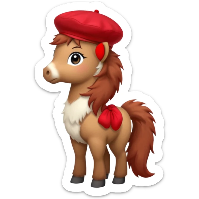 A cute pony (horse) emoji, full body, standing in side view, wearing a stylish red beret. sticker