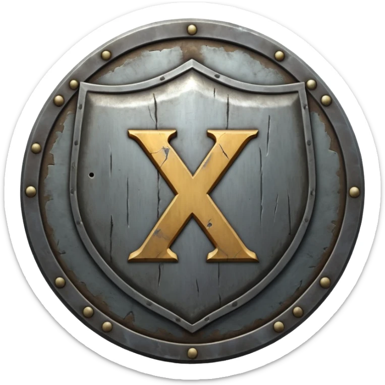 a battle worn steel shield with engraved roman numerals "XXX", the roman numerals should be prominent and in the center of the shield sticker