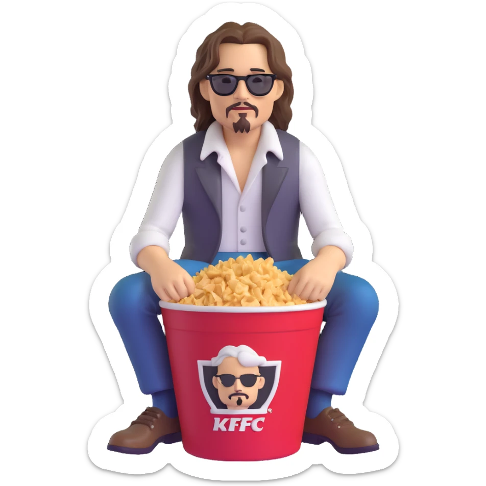 Johnny Depp sitting in a KFC bucket, long hair, facial hair sticker