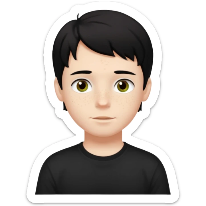 A boy with dark black hair and hazel green and brown eyes and white skin , with freckles and black t shirt with middle part hair  sticker