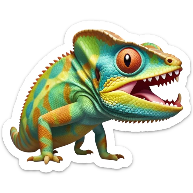 cinematic giant-yawning chameleon-realistic emoji, mouth wide open with tongue out, -blending-with-vibrant-greenery.-detailed-scales-in-shifting-colors,-showing-the-chameleon’s-ability-to-camouflage.-soft-natural-light-highlights-its-texture.-light-background, zoomed into its face sticker