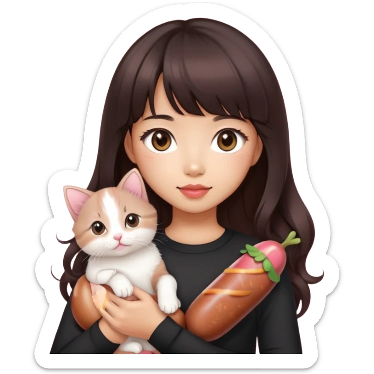 Asain girl with pink blush, wearing a black skinny top, long dark brown curled hair with straight bangs. Carrying a white kitten and a brown sausage puppy.  sticker