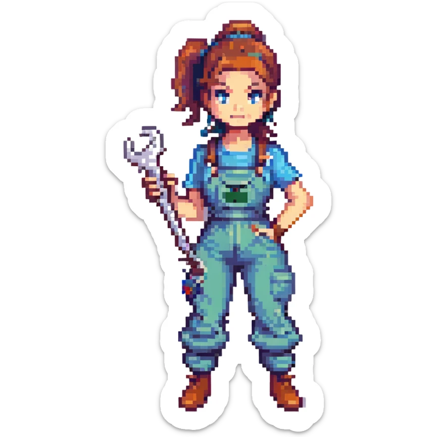 female plumber, woman plumber with ponytail and wrench, retro video game look sticker