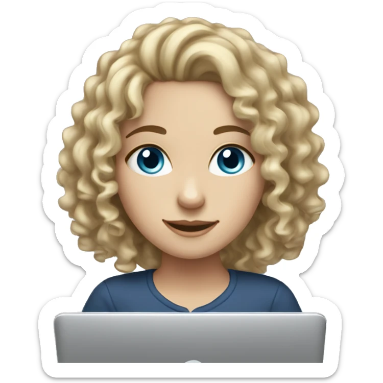 A white girl with curly hair and blue eyes is working on a laptop sticker