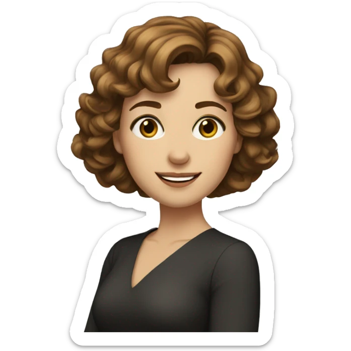 A white woman in her 30s with wavy shoulder length brown hair, bangs, hazel eyes sticker