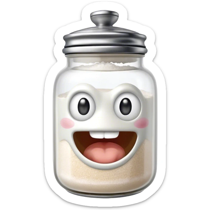 A mischievous anthropomorphic salt jar with transparent glass body and metal lid sticker