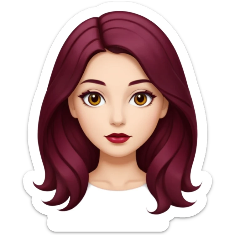 young glamorous woman 
Long waist-long hair
hair parted in the centre of her face
slightly wavy
dark burgundy hair 
 sticker