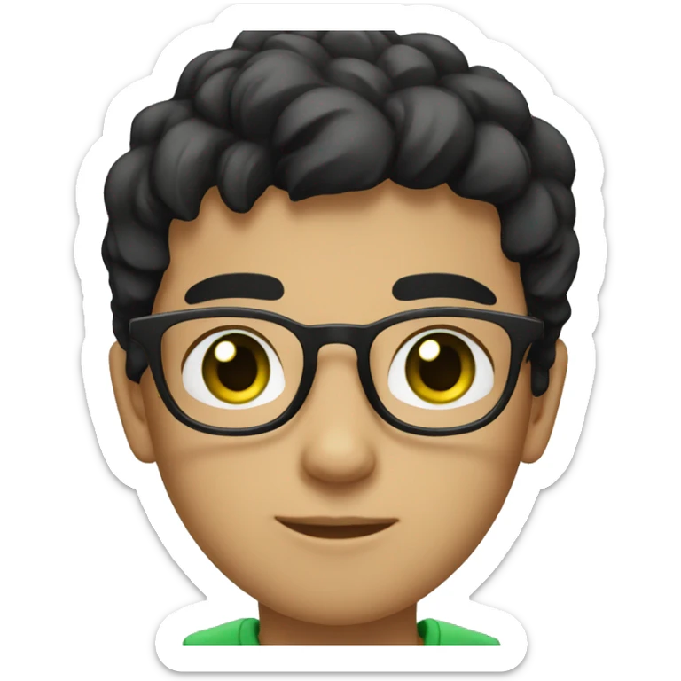 Young boy with black hair green eyes and black glasses wearing a white T-shirt sticker