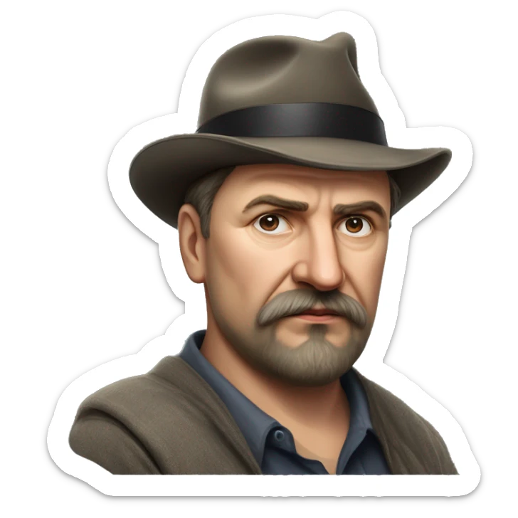 Russian writer Alexander Kuprin Photorealism A plump serious man of Slavic appearance with Small eyes with goatee beard and mustache, with a  short haircut, big detailed face, wrinkled face, wearing a fedora hat sticker