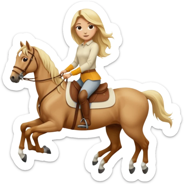Tan girl with long blonde hair wearing a cream colored long sleeve shirt and riding pants on top of a brown horse with 4 legs sticker