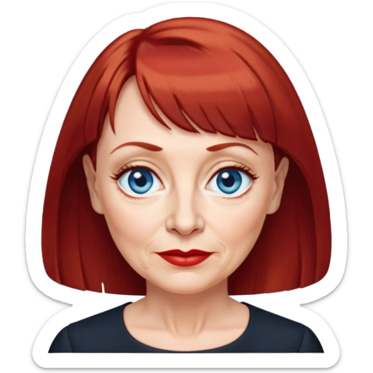 Older woman in her early 60s with fair skin, wider oval face, noticeable age lines, blue eyes, thin eyebrows, small nose, red lips, dark red hair with straight bangs, wearing a black blouse sticker