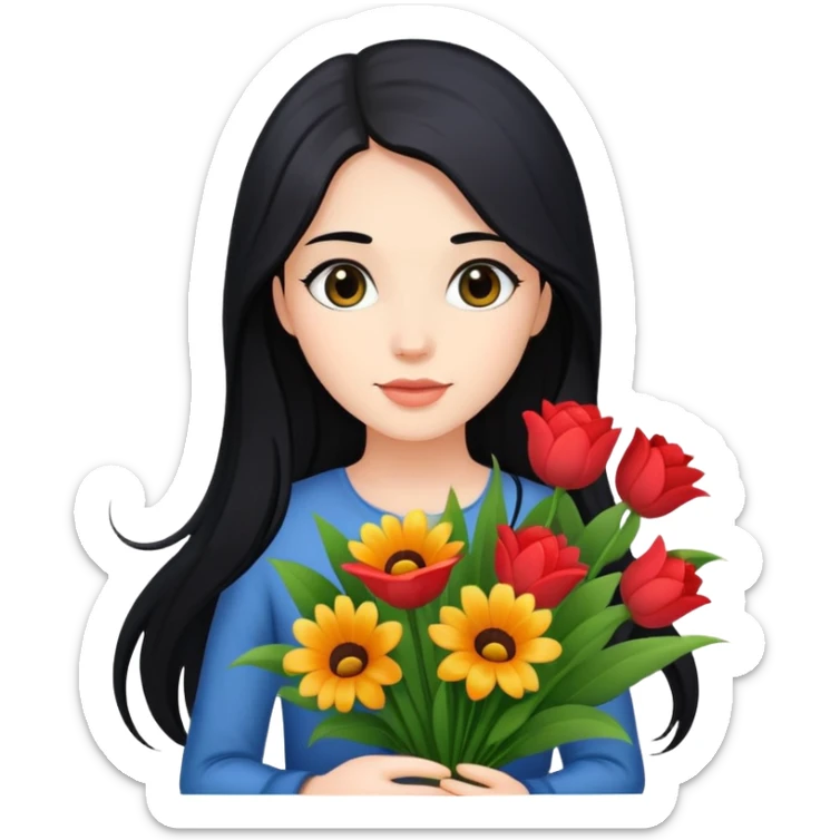 beautiful girl with long black hair holding a bouquet of flowers sticker