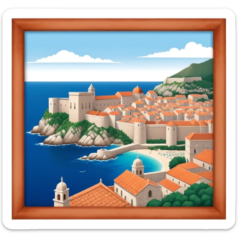 Cinematic Realistic Dubrovnik Landmark Emoji, showcasing the historic walled city with its terracotta rooftops, stone fortifications, and the deep blue Adriatic Sea stretching beyond. sticker