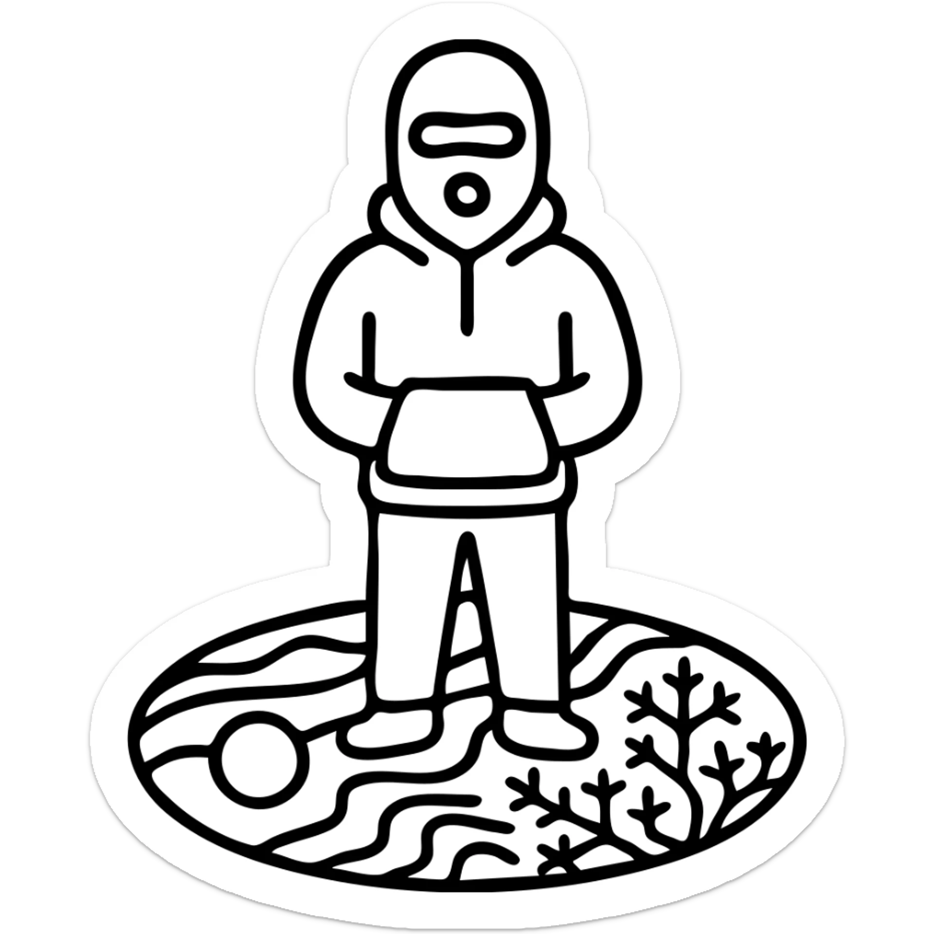 Person in ski mask and hoodie standing on vibrant earth surface with cosmic patterns and fractals flowing beneath feet sticker