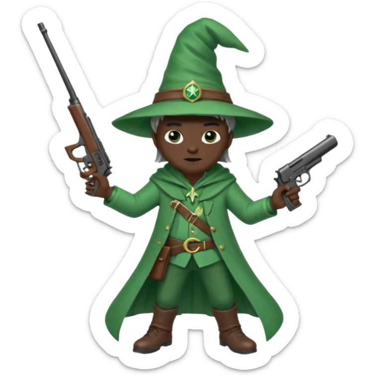 A wizard 🧙 wearing green clothes, with black skin, holding a pistol 🔫 and a rifle sticker