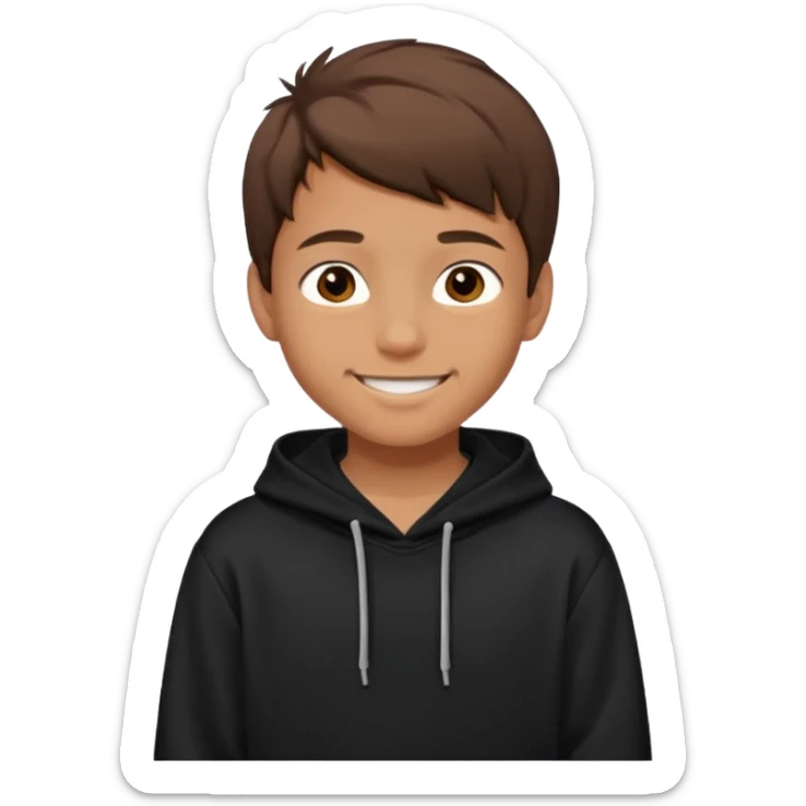 emoji of a teenage boy, short brown hair, wearing a hoodie, smiling sticker