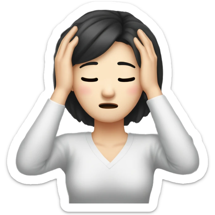 Headache, middle-aged Korean woman in her 40s, with only one hand on her head, painful face, black hair sticker
