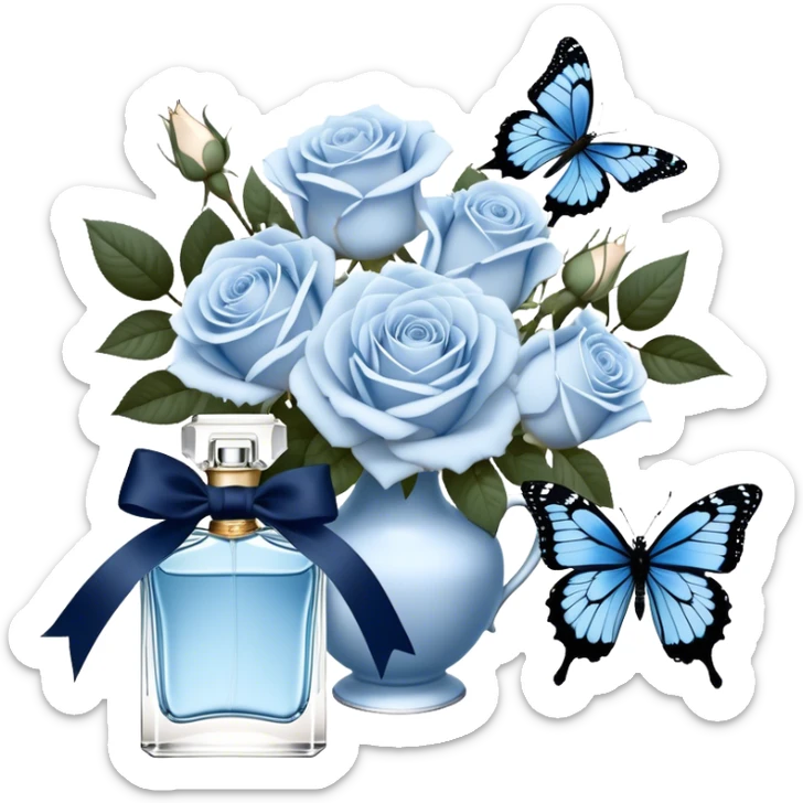 A bouquet of pale blue Ascott tea roses next to a navy aesthetic and a blue beautiful butterfly and a navy silk ribbon and a beautiful flacon of aesthetically pleasing vintage-style perfume in pearl color sticker