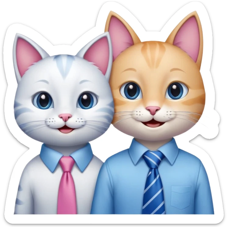 happy girl cat with eyelashes wearing a pink necktie and happy boy cat wearing a blue necktie, standing close together, both smiling sticker
