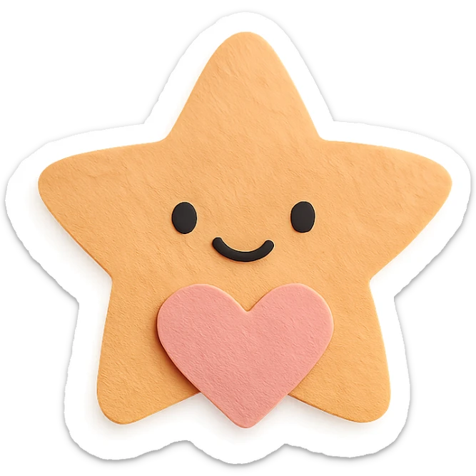 Smiling pastel orange star clutching a small pastel heart, no arms or legs, full body, transparent background, in kawaii paper craft style. sticker