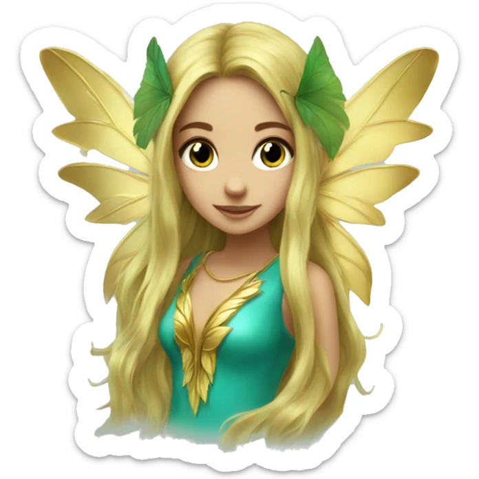 Beautiful, leaf, fairy, gold, turqoise, green, long hair, big wings sticker