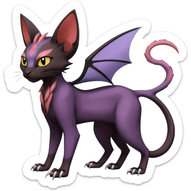 Black edgy Noivern-Noibat-Purloin-Torracat-Sphynx-Lykoi-Caracal-cat-Fakemon-fusion-hybrid-creature sticker
