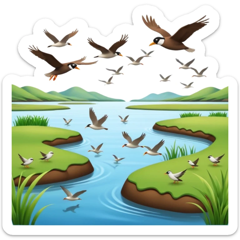 A 3D cartoon estuary with birds flying over shallow water and grassy banks, calm mood, Memoji-style realism. sticker