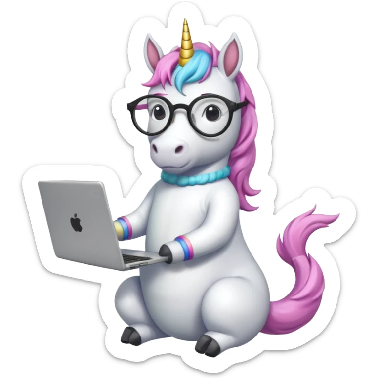 Unicorns holding laptop book
A full body of scholar unicorn wearing round glasses, holding a laptop. sticker