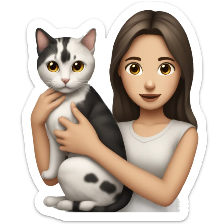 Pale girl with big brown eyes and brown hair holding two cats (a black one and a grey one with tiger marks) sticker