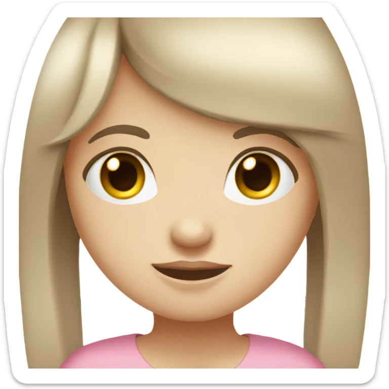 young girl with long straight brown hair with bangs, black eyes, pale skin, pink shirt sticker