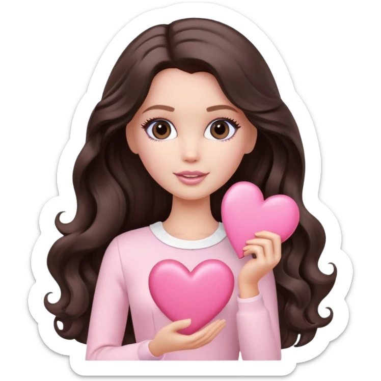 A white Barbie girl with long dark brown wavy hair in pale pink clothes holds pale pink heart sticker