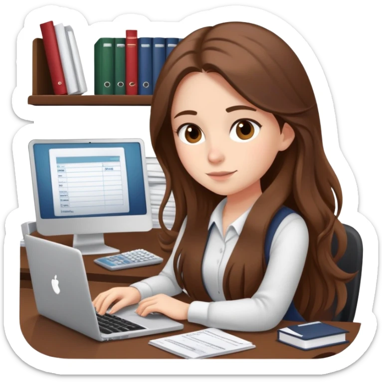 Girl with long brown hair doing bookkeeping at a laptop with a cozy mug beside her officecore elegant sticker
