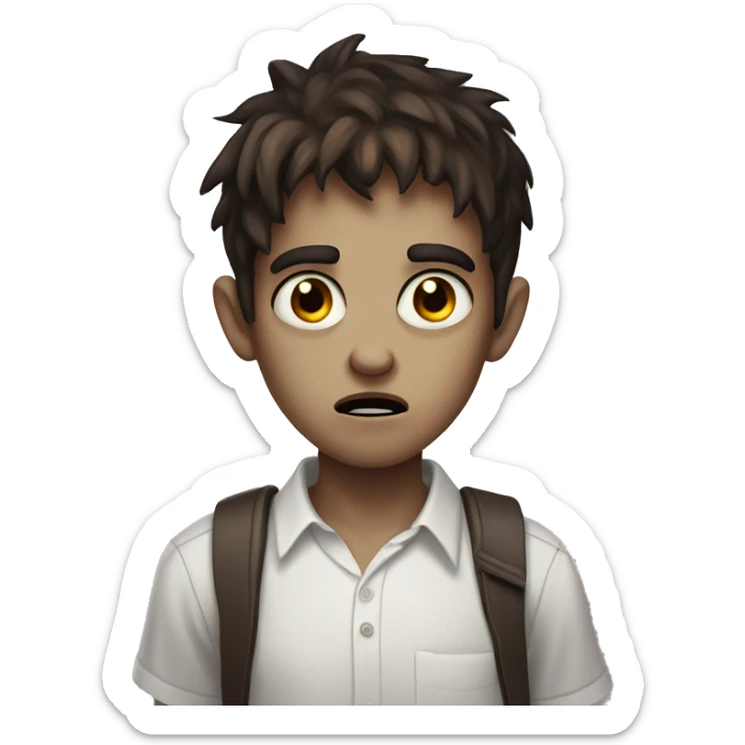 boy zombie teen with scared expression and dark brown hair and white slim shirt; brown eyes sticker
