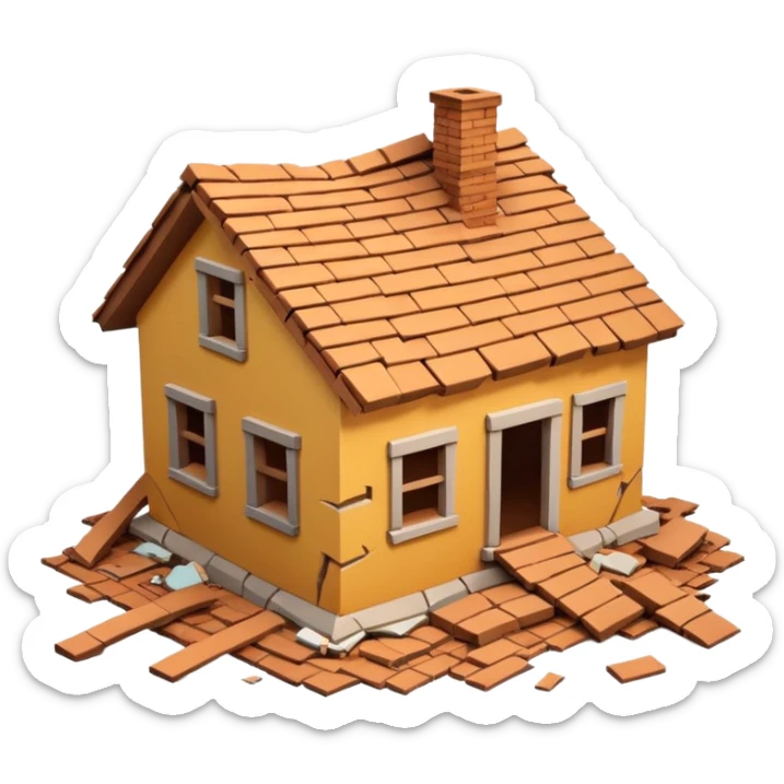 3D iPhone style emoji of a collapsed house, broken walls and roof pieces scattered, debris and ruins visible, isolated on white background, soft shadows, high detail, playful and cute. sticker