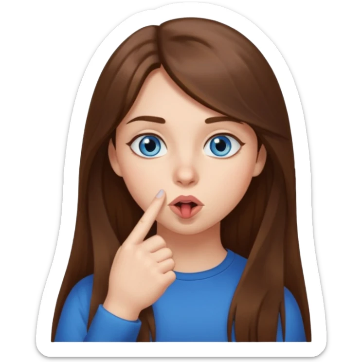 a girl with long hair, blue eyes telling to be quiet with the finger near her mouth sticker