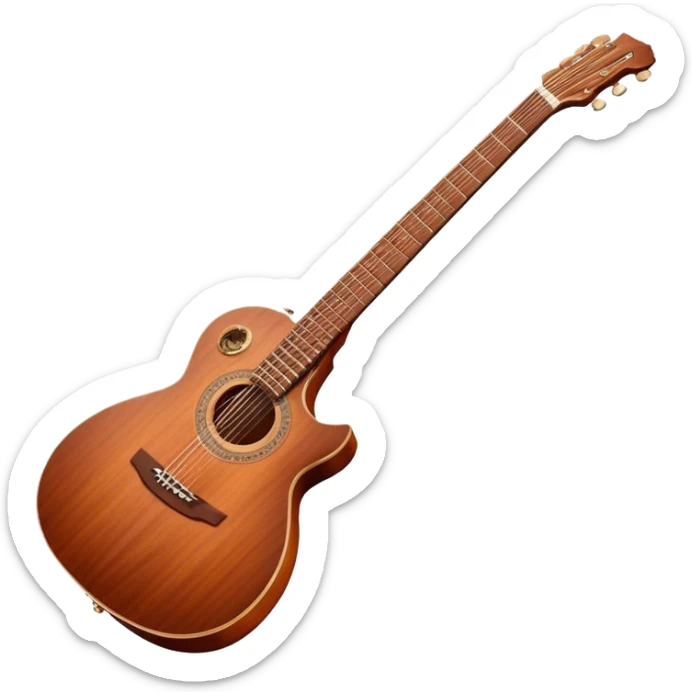 Cinematic Realistic Guitar, smooth mahogany body with intricate wood grain, steel strings reflecting soft light, gentle hand positioning on the fretboard, glowing with warmth and musical soul. sticker