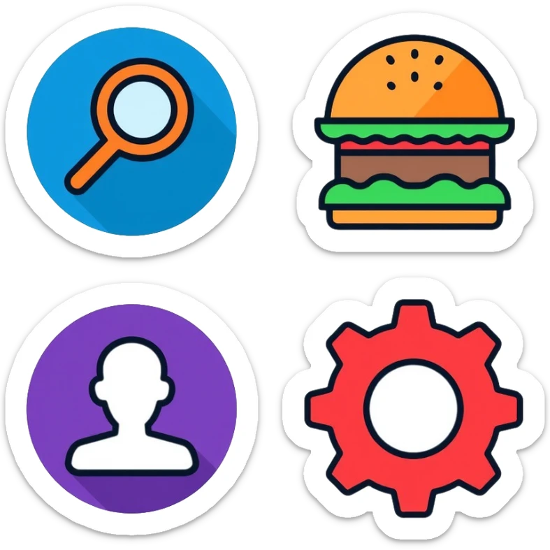 Website icon set with colorful icons: blue home icon, orange magnifying glass search icon, green hamburger menu icon, purple profile/user icon, and red gear settings icon sticker
