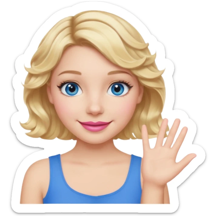 Girl Blonde short wavy hair,  blue eyes, cute blue top, long lashes, pink lips, smiling, one hand 🤷🏼‍♀️  sticker