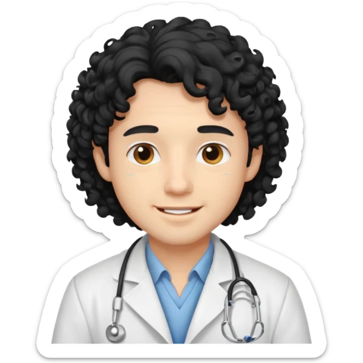 a young male doctor with black long curly hair and cheerful face sticker