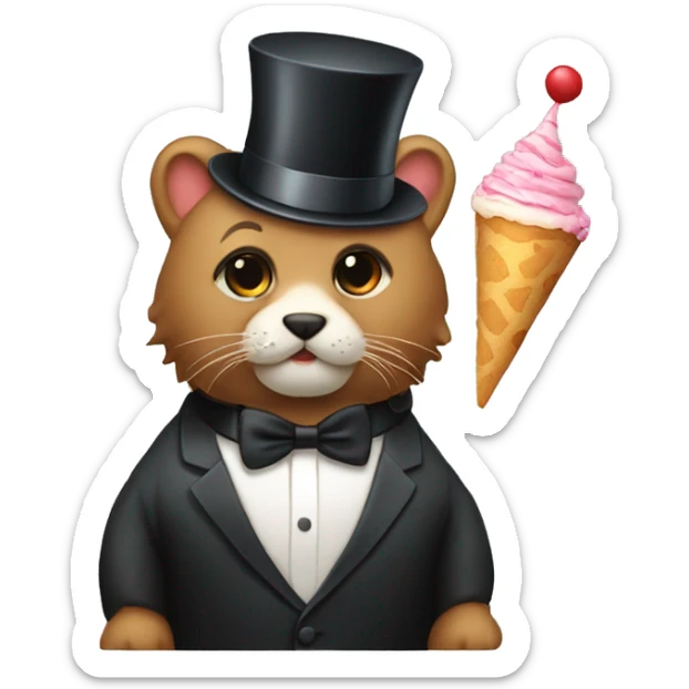 An animal with a party hat wearing a tuxedo with a peice of cake sticker