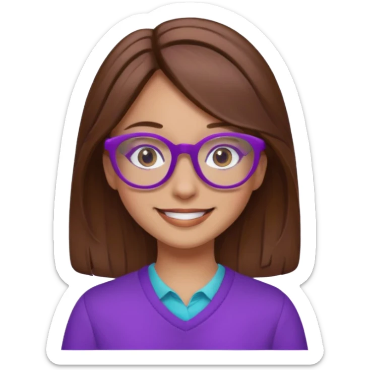 a girl with brown hair that is long and wears purple glasses sticker