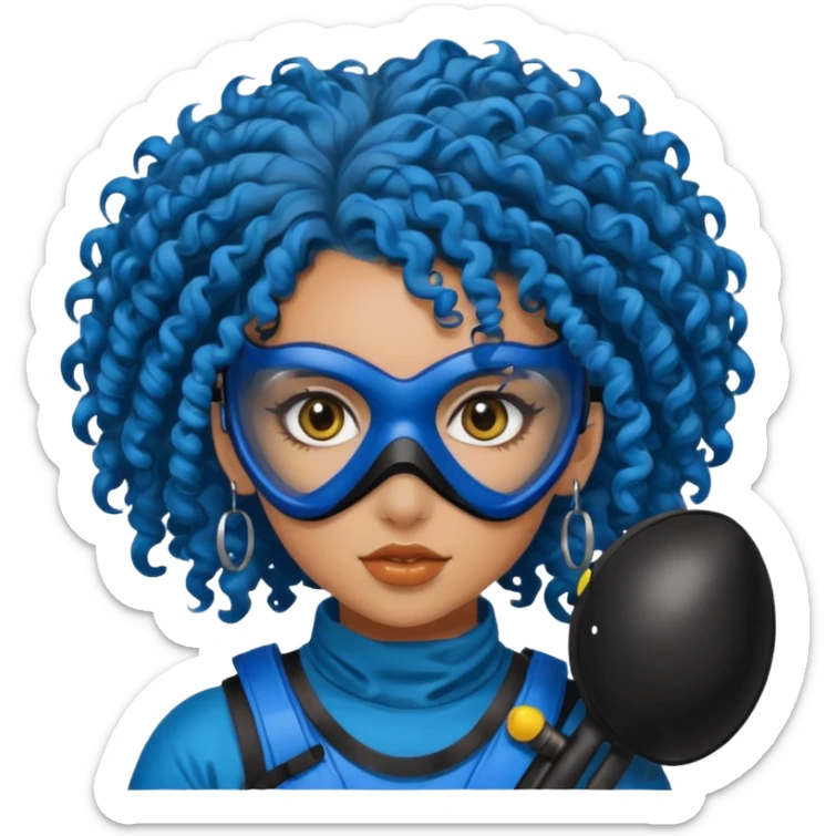 blue curly haired paintball player girl with huge earrings, wearing paintball mask sticker