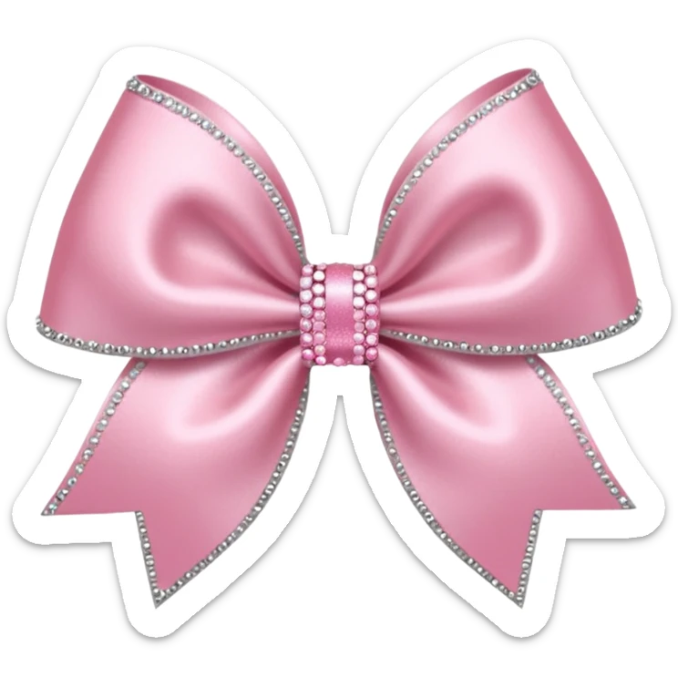 Cutesy pink bow emoji. Shiny baby pink satin ribbon. It's silver glitter sparkles on it. Shiny with rhinestones and shadowed to look three-dimensional sticker